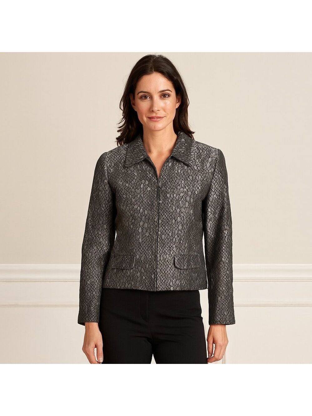 Alfred Dunner Petite Snake-Textured Zip Jacket | Shiny Gray & Black | Size 6P